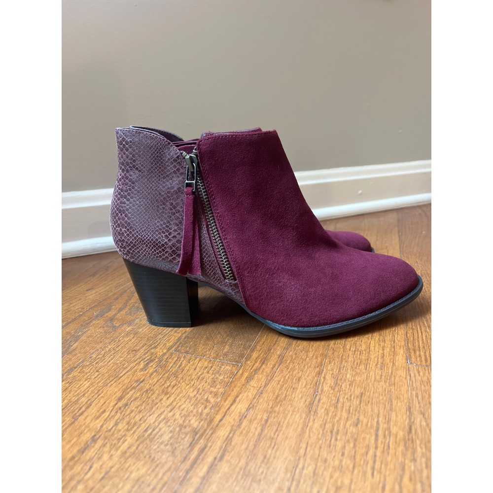 Vionic Anne Ankle Booties Burgundy Suede and Lizard Embossed Leather Size 10